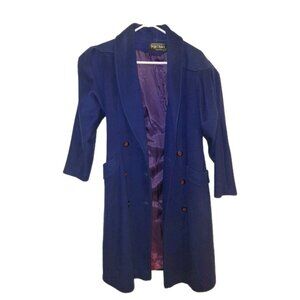 Vintage Small Wool Trench Coat Portrait by Stevens Union Made in USA Blue